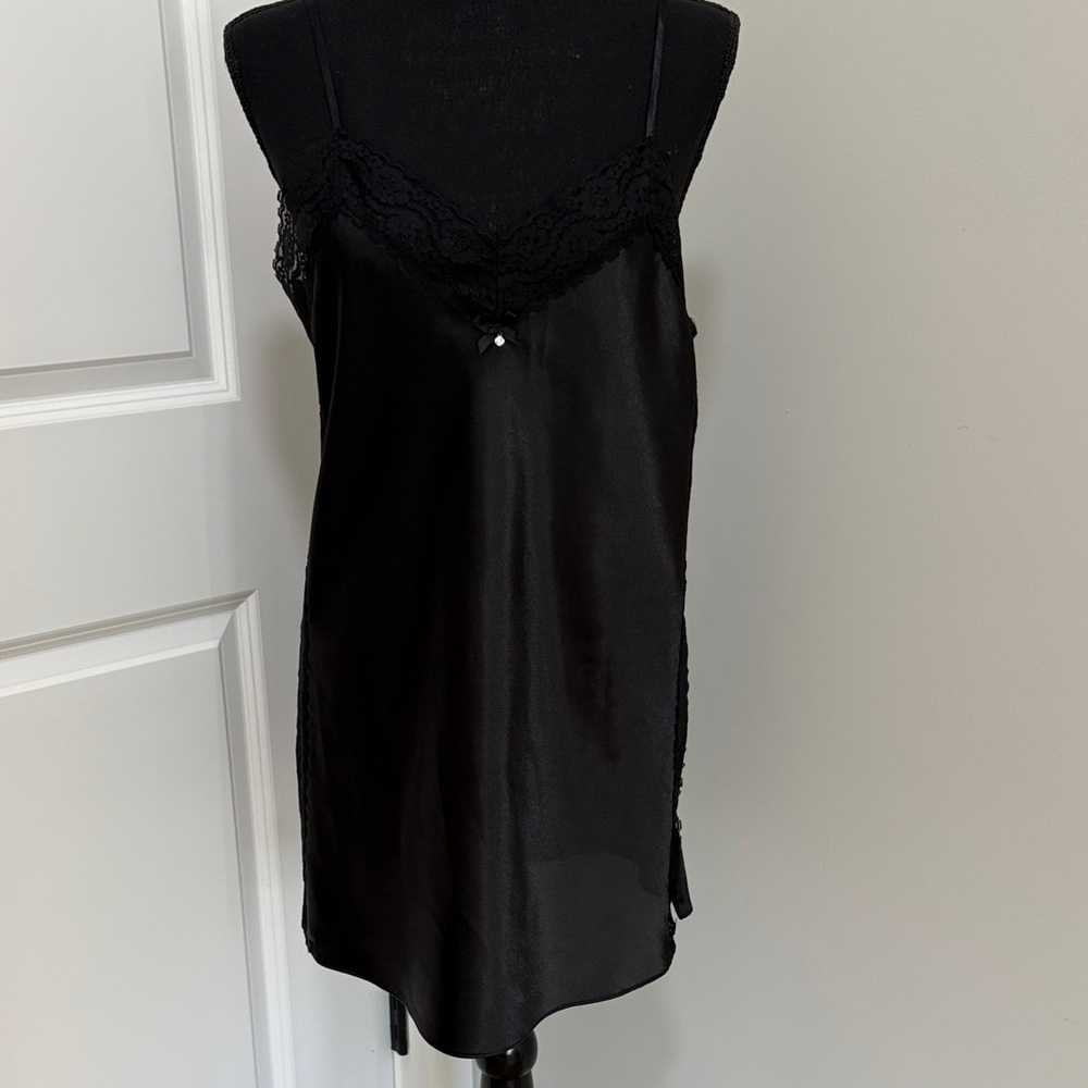 Flora Black Satin and Lace Chemise / Nightie, EUC